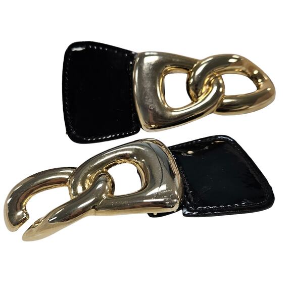 1980s Houndstooth Elastic High Waisted Belt Gold Chunky Buckle Patent Leather Sm - Picture 9 of 9